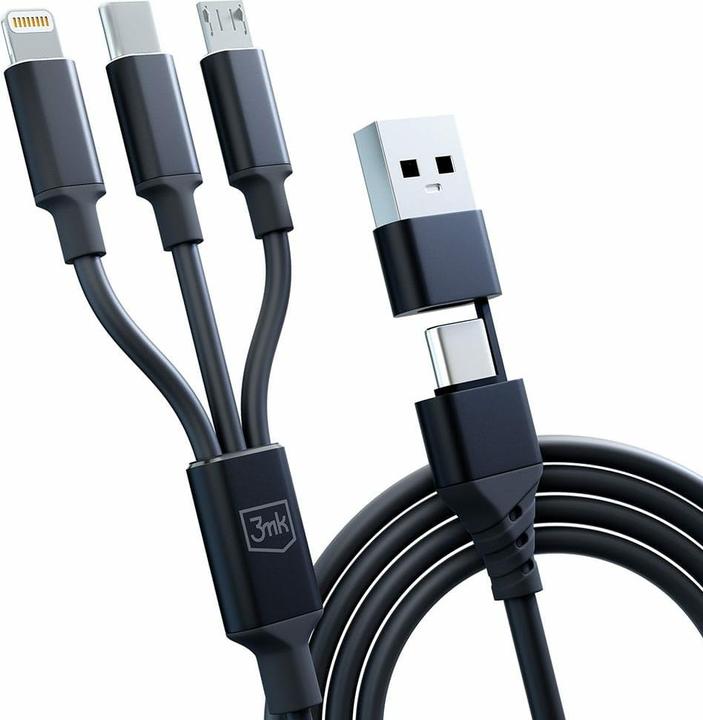 Produktbild 3MK Hyper Cable 3w1 USB-A/USB-C - USB-C/Micro/Lightning 1.5m Czarny/Black Kabel (1.50 m, USB 3.2 Gen 1, 12 W)