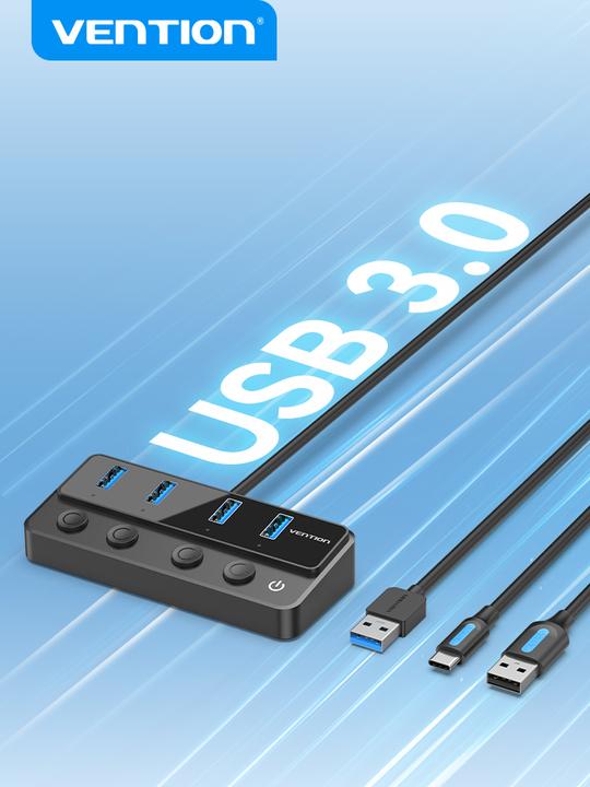 Actual product image Vention USB 3.0 to USB 3.0 x4+USB C Hub With Individual Power Switches 1M Black (USB-A, 5 ports)
