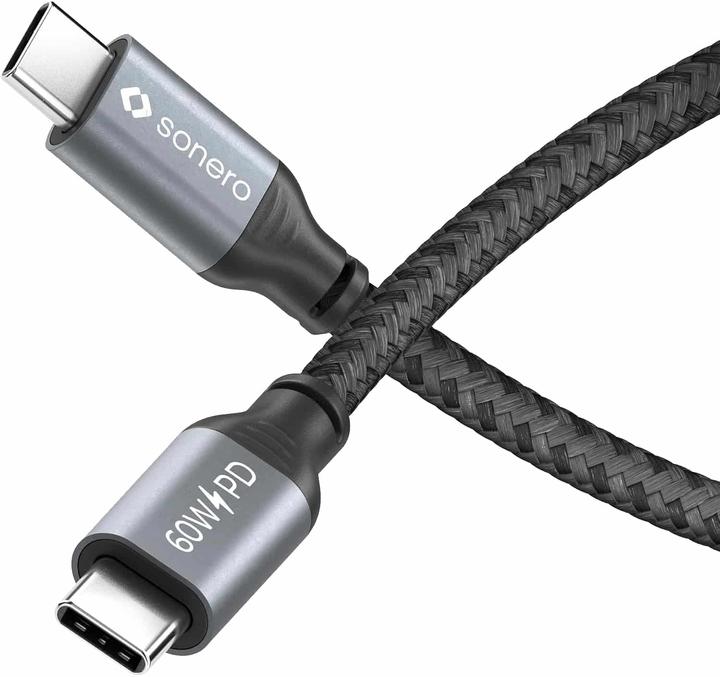 Actual product image Sonero USB-C to USB-C charging cable - USB 2.0, 60W PD grey/black - 0.50m (0.50 m, USB 2.0, 60 W)