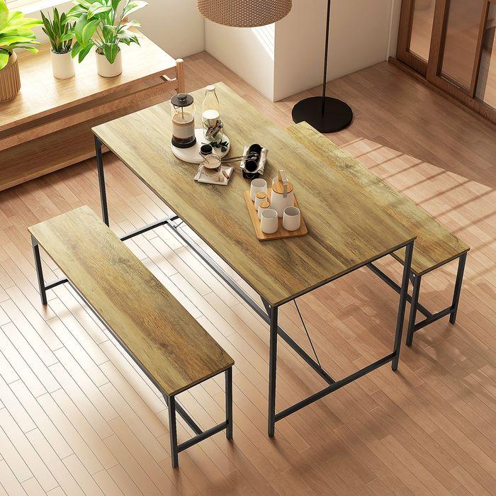 Produktbild Swisshandel24 Essgarnitur, Tisch & 2 Bänke, Industrial Design, Stahlrahmen, Holzdekor/Schwarz (140 x 70 x 76 cm)