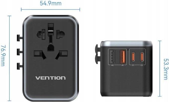 Produktbild Vention FJFB0 GaN 2xUSB-C 2xUSB-A Universal Travel Adapter 65W (black)