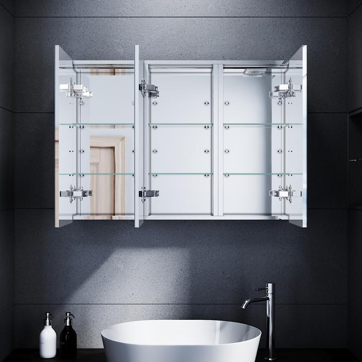 Actual product image SONNI LED-beleuchteter Spiegelschrank, 90 x 65 cm, 3 Türen Edelstahl, Badezimmerspiegelschrank mit S