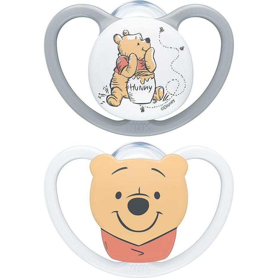 NUK, Nuggi, Disney Winnie Puuh Space Silikon-Schnuller, kiefergerechte Form, 0-6 Monate, 2 Stück, grau & wei (2 x, ab Ge...