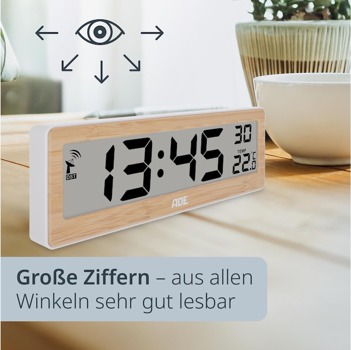 Produktbild ADE Funkuhr DCF mit XXL-Ziffern digital Bambus-Weiss, Form