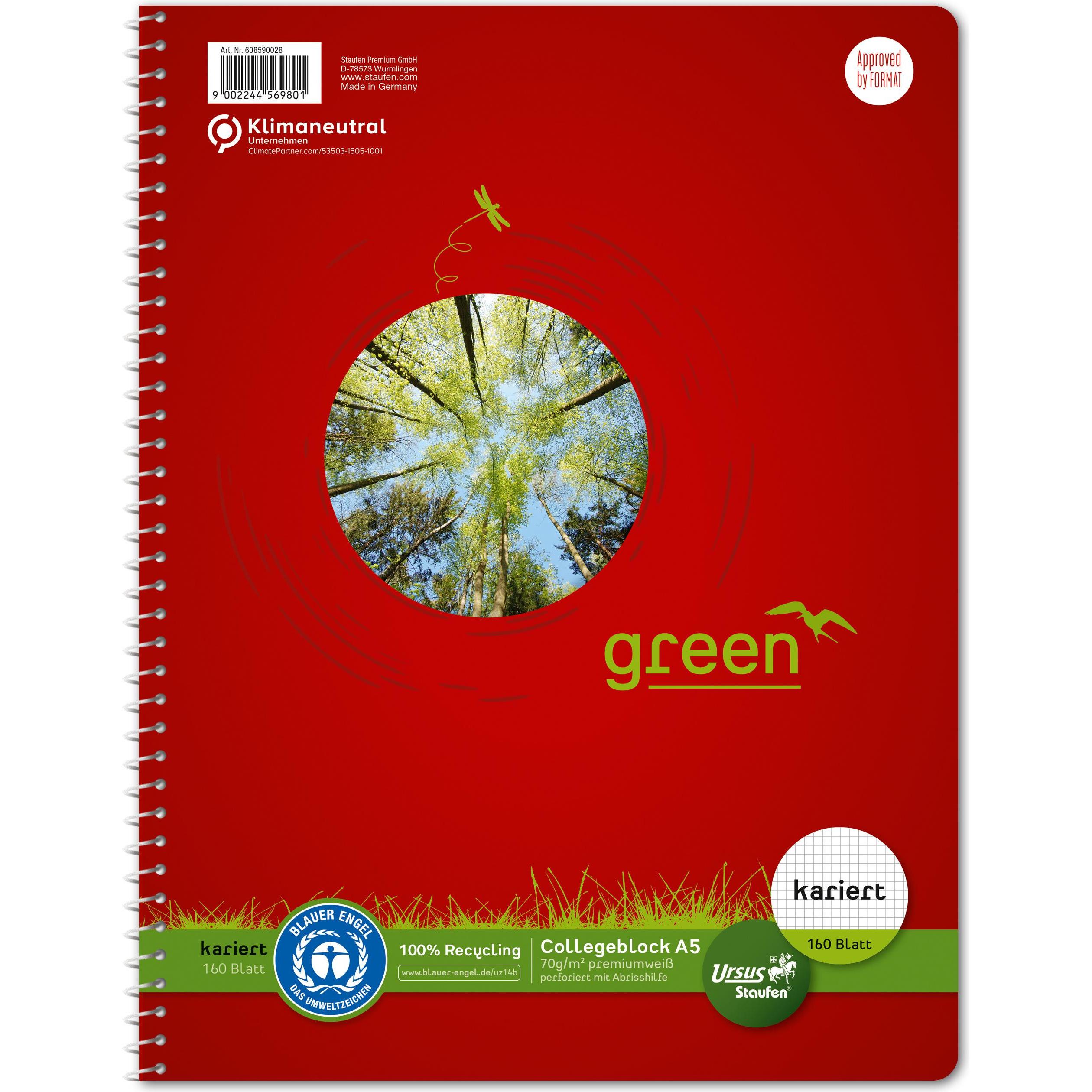 Ursus, Heft + Block, Collegeblock Green A5 70g Eurolochung kariert 160Bl (A5, Kariert)