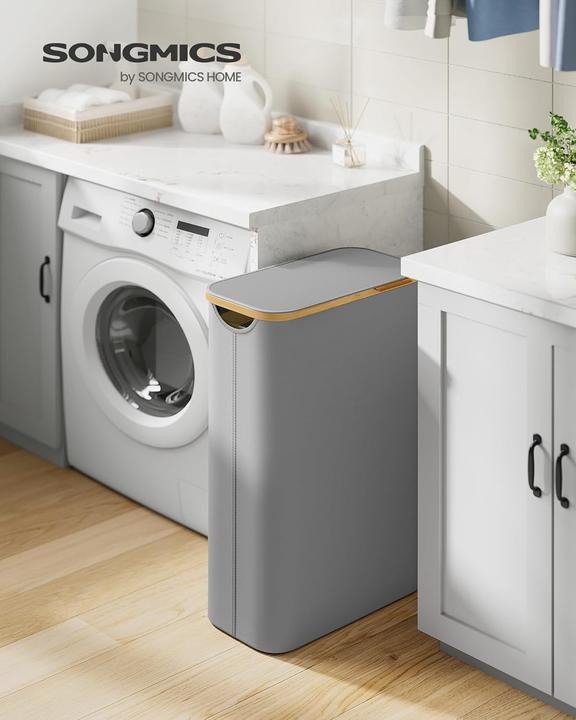 Produktbild Songmics Wäschekorb zusammenklappbar mit Bambusgriffen taubengrau (65 l)