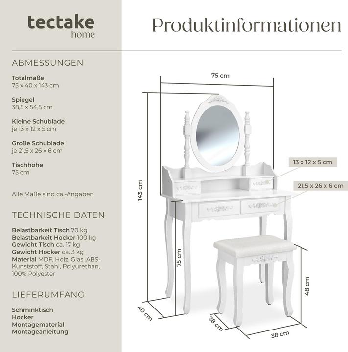 Produktbild tectake Schminktisch (40 x 40 x 143 cm)