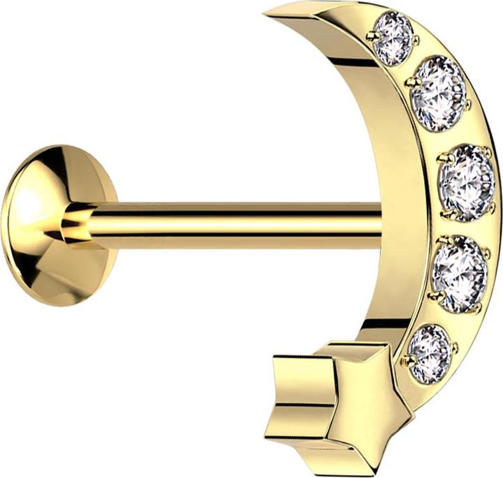 Produktbild Star Piercing Micro Threadless UFO Labret vergoldet Mond mit Stern vergoldet Kristalle silber (Chirurgenstahl 316L, ohne Messing)