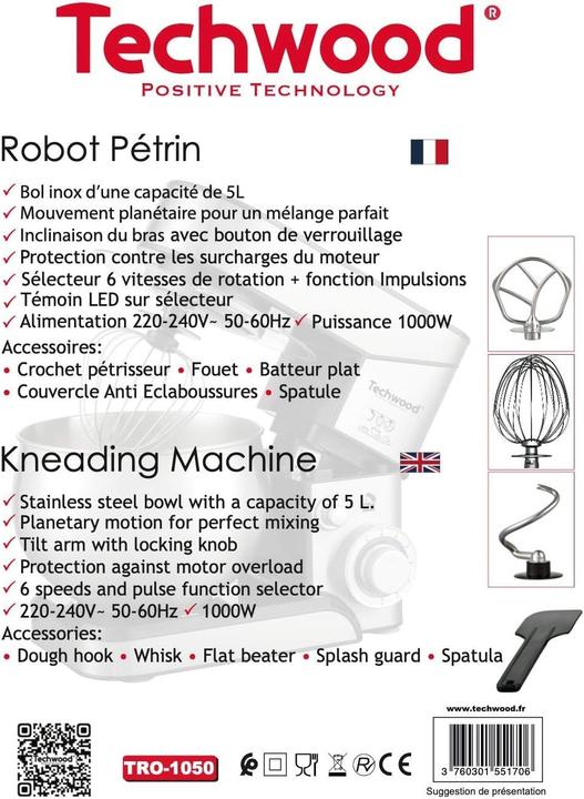 Actual product image Techwood TRO1050 - Keukenmachine - Staande Mixer - RVS - 5 L (1000 W, 5 l)