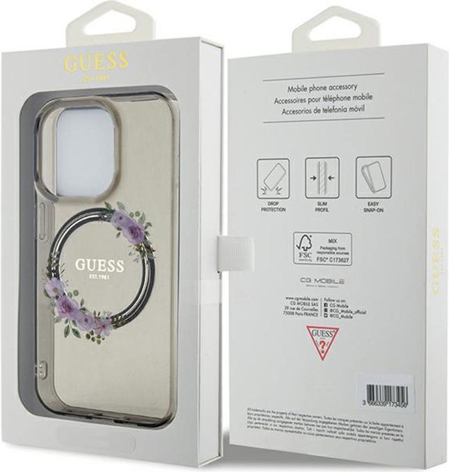 Actual product image Guess GUHMP15LHFWFCK iPhone 15 Pro 6.1" czarny/black hardcase IML Flowers Wreatch MagSafe (Apple iPhone 15 Pro)