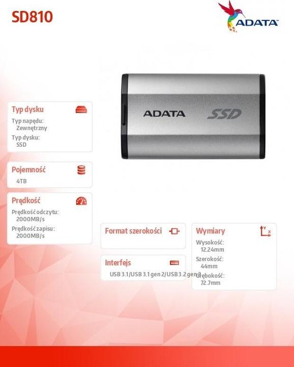 Produktbild Adata Dysk SSD External SD810 USB3.2C /s Silver (4 TB)