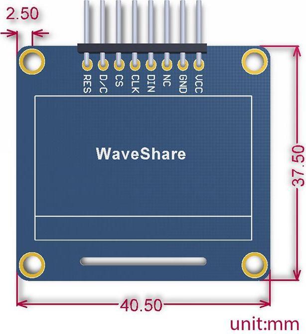 Produktbild WaveShare 1.3 128x64 OLED Display Modul, einfarbig (blau), SPI/I2C Interface, horizontale Stiftleiste