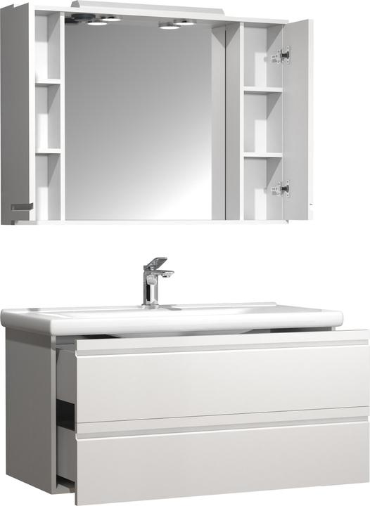 Produktbild VCM 3-tlg. Waschplatz Waschtisch 100 cm Badmöbel Set Waschbecken grifflose Schublade Spiegelschrank