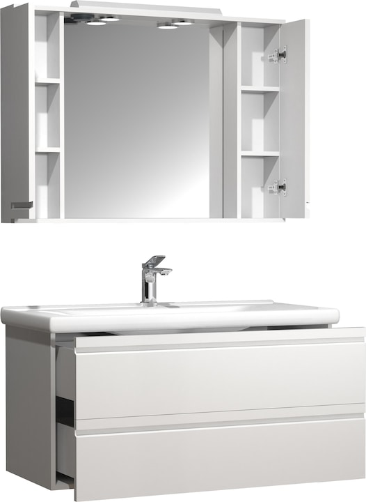 Produktbild VCM 3-tlg. Waschplatz Waschtisch 100 cm Badmöbel Set Waschbecken grifflose Schublade Spiegelschrank
