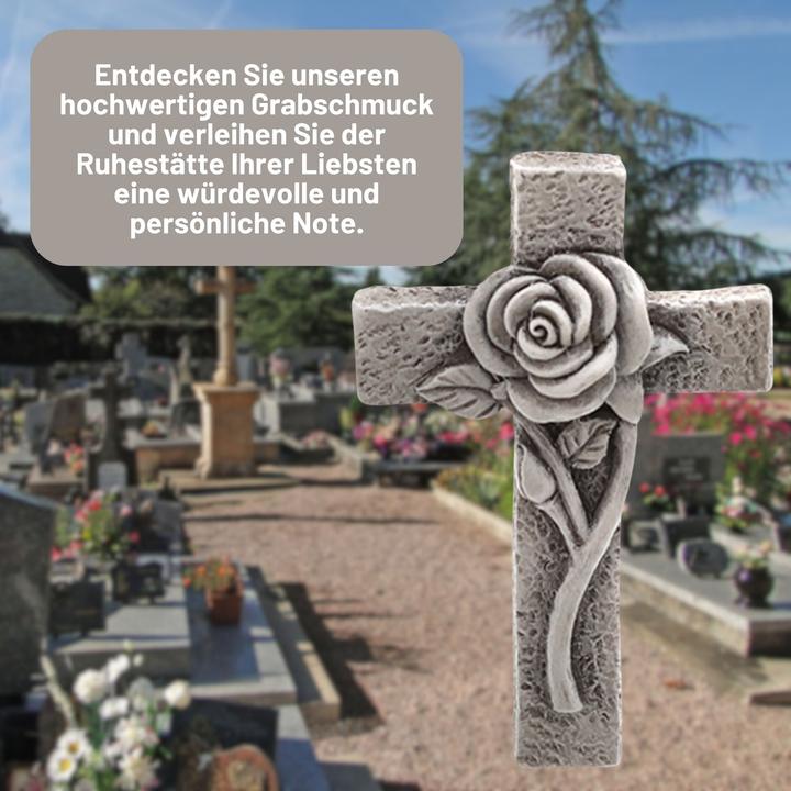 Produktbild Novaliv Grabschmuck Kreuz mit Rose Klein Grabdekoration wetterfest Grabfigueren Kreuz für Friedhof