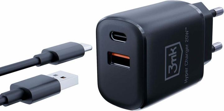 Actual product image 3MK HyperCharger 20W 1xUSB-C + 1xUSB-A ładowarka sieciowa PD/QC czarna/black (20 W, 2 ports)