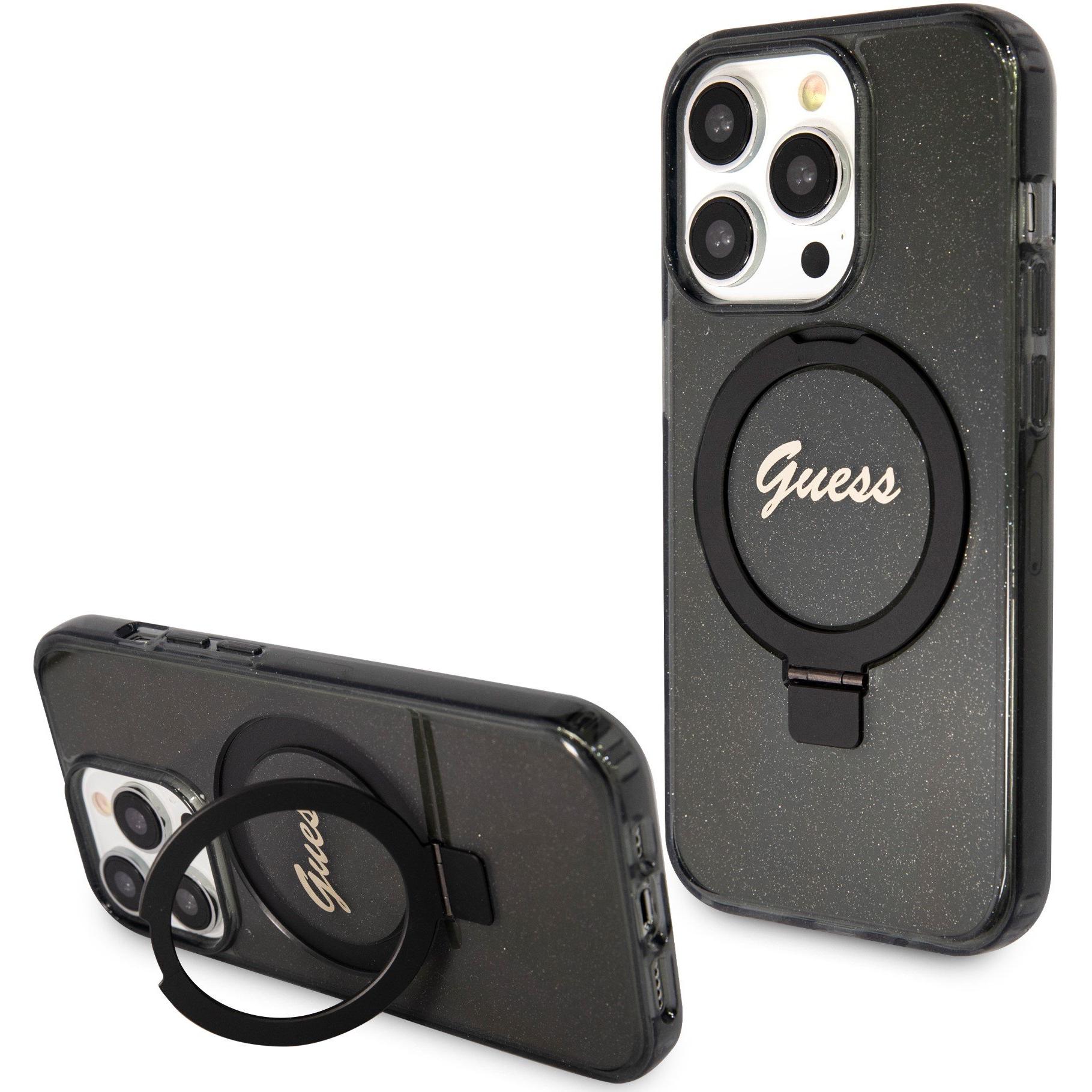Guess GUHMP15LHRSGSK iPhone 15 Pro 6.1" czarny/black hardcase Ring Stand Script Glitter MagSafe (Apple iPhone 15 Pro), S...