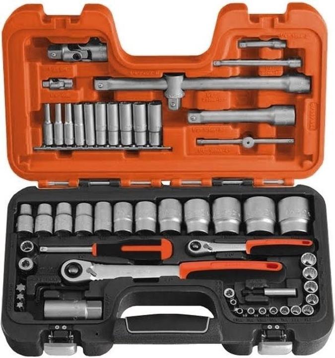 Produktbild Bahco 1/4"- und 1/2"-Steckschlüssel-Satz, metrisch, Doppelsechskant, inklusive Umschaltknarre mit schla (1/4", 1/2")