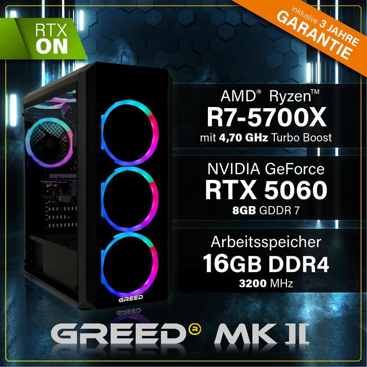Produktbild Greed MK2 AMD - Gaming Pc - RTX 5060 (1000 GB, 16 GB, AMD Ryzen 7 5700, GeForce RTX 5060 Ti)