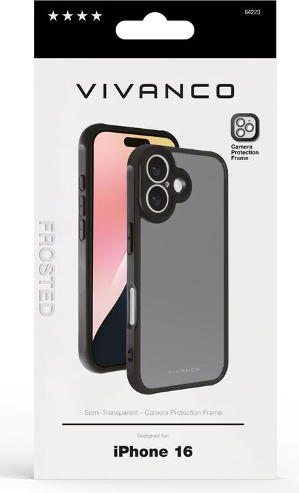 Immagine prodotto Vivanco Cover FROSTED per iPhone 16, semitrasparente/nera, cornice di protezione della fotocamera interna (Apple iPhone 16)