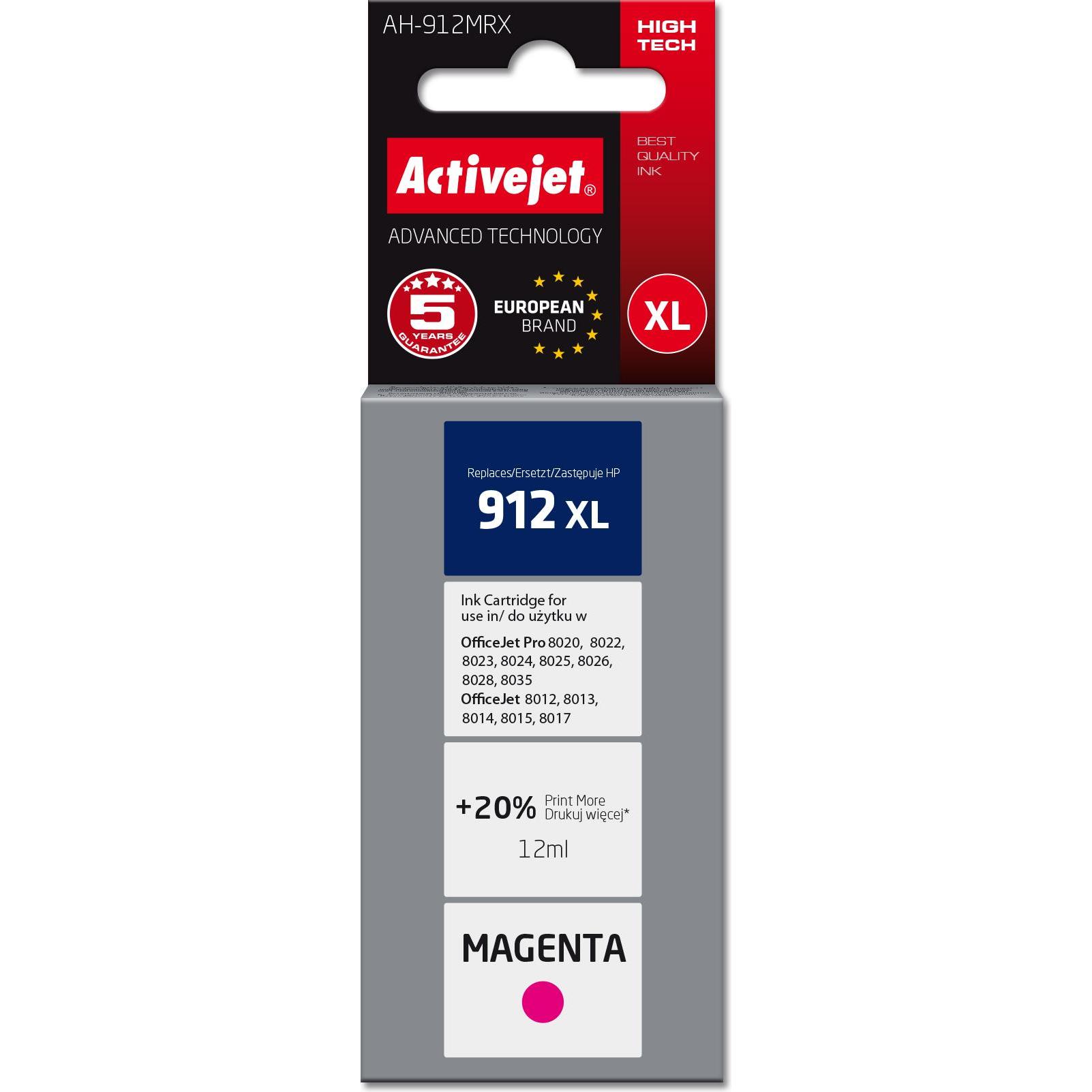 Activejet, Druckerpatrone, AH-912MRX Tinte für HP Drucker Ersatztinte HP 912XL 3YL82AE Premium 990 Seiten lila (V)