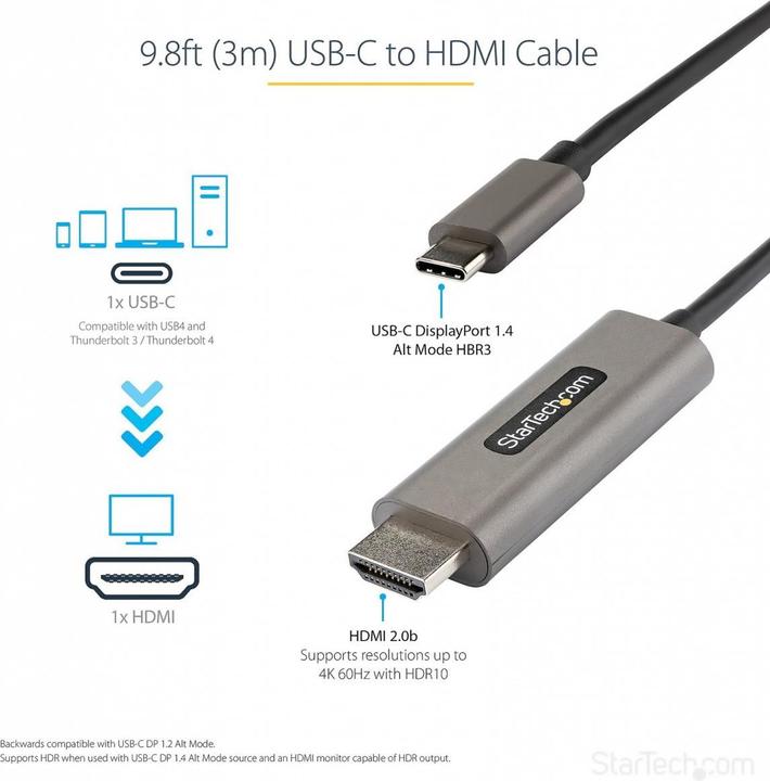 Actual product image StarTech USB C to HDMI Cable with HDR10 - Ultra HD USB Type-C to HDMI 2.0b Video Adapter Cable - USB-C to (3 m)