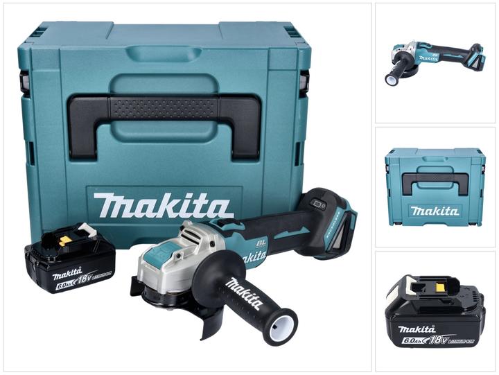 1x Makita DGA 521 cordless angle grinder, 1x additional handle (158237-4), 1x protective cover (347618-9), 1x Makita BL 1860 B 18 V 6.0 Ah battery, 1x Makita Makpac case, 1x matching insert, without charger
