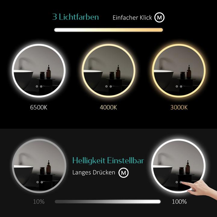 Actual product image Emke Bathroom Mirror With Lighting Φ70cm,Fog-Free, 3 Colour Temperatures (3000K-6500K)&Dimmable