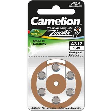 Camelion Celle ad aria di zinco 1,4V A312/ZL312, confezione da 6, "senza mercurio (6 pz., A312 / 312 / PR41 / V312A / DA312 / 312A, 1300 mAh), Batteri
