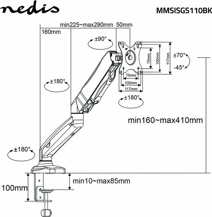 Actual product image Nedis Desk Monitor Holder | Gas Spring | 1 Screen(s) | 15 - 32 " | 75x75 / 100x100 | Vol (Table, 32")