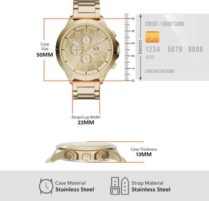 Produktbild Armani Exchange Chronograph mit Gold-Zifferblatt und 100 m Wasserdichtigkeit (Chronograph, 50 mm)
