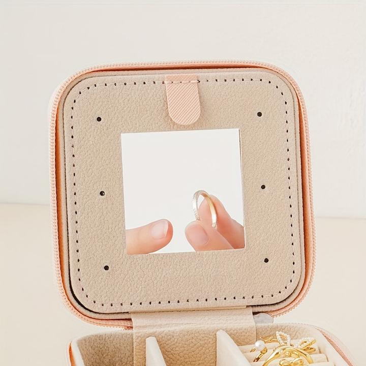 Actual product image Only-Bags.Store 1 Stück Mini-Reise-Schmuck-Organizer im klassischen Stil mit Spiegel, 3-lagiger Aufbewahrungskoffer