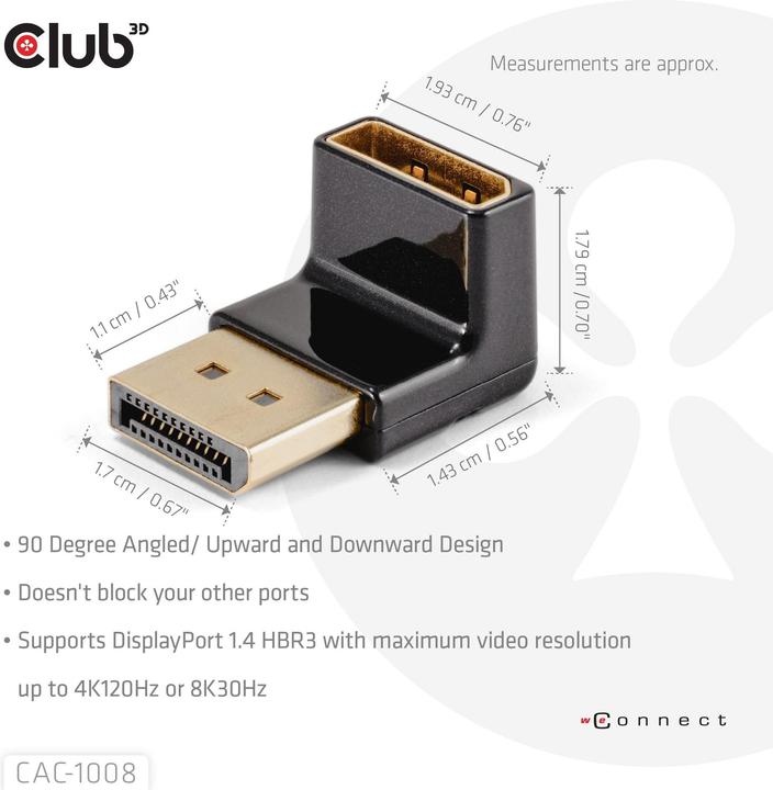 Image du produit Club 3D Club3D Adaptateur DP > DP 1.4 coudé à 90° 4K@120Hz St/Bu retail (10.50 cm)