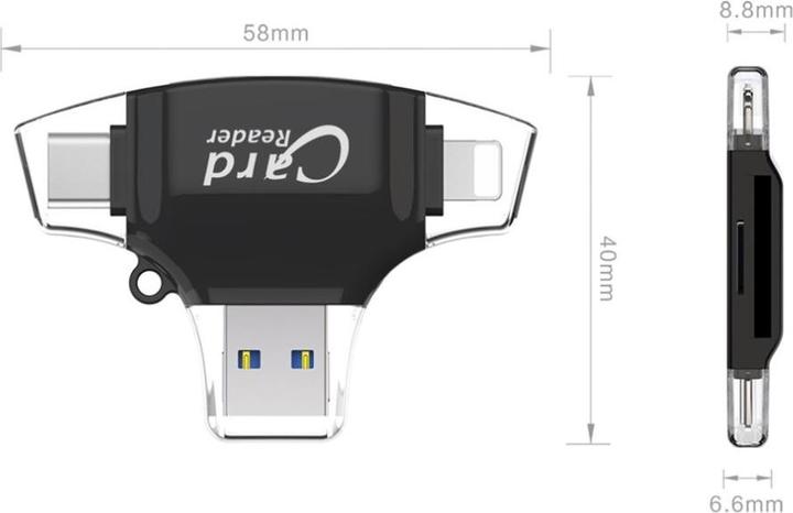 Produktbild Deltalabs 4in1 Mini-Kartenleser für SD/MicroSD – Lightning, USB C & Micro USB (Schwarz)