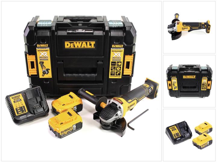 1x quick-release nut, 1x DeWalt TSTAK, 1x assembly tool, 1x side handle, 1x Dewalt DCB charger, 1x DeWalt DCG 406 18 V 125 mm brushless cordless angle grinder, 2x DeWalt DCB 184 18V 5 Ah XR Li-Ion battery