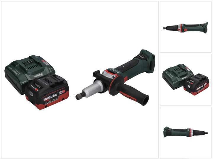1x Metabo GA 18 LTX G Akku Geradschleifer, 1x Spannzange 6 mm, 1x Zusatzhandgriff, 1x Staubschutzfilter, 1x Metabo LiHD Akkupack 18 V 8,0 Ah Akku (625369000), 1x Metabo ASC 145 Ladegerät (627378000)