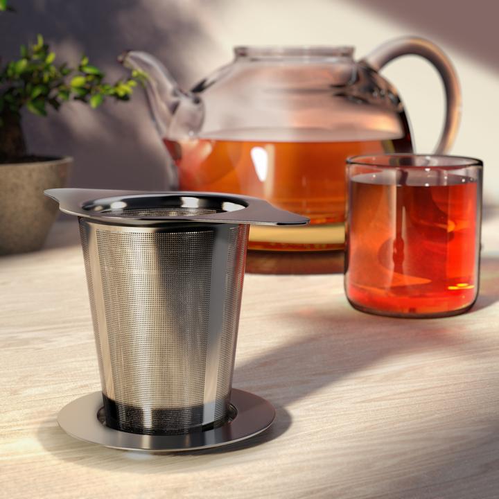 Produktbild Arendo Teesieb, Edelstahl, Doppelgriff & Multifunktionsdeckel, für Kannen & Tassen, Teefilter, Kräutersieb