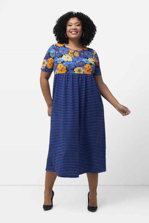Image du produit Ulla Popken Robe en jersey à fleurs/rayures. Coupe trapèze, col rond et manches courtes (50, 52)