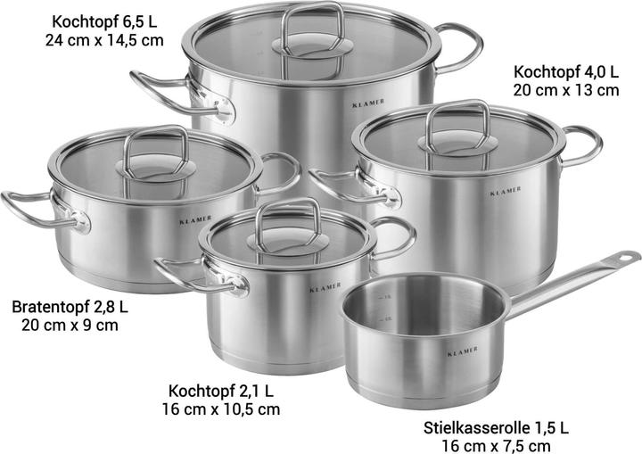 Produktbild KLAMER Topf-Set 5-tlig. mit Glasdeckel, Induktion, unbeschichtetes Edelstahl Profi-Kochtopfset (23.15 cm, Pfannenset + Topfset, Edelstahl)