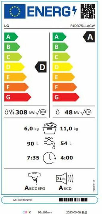 Energy Label LG Intelligente Waschmaschine-Trockner AI Direct Drive TurboWash 360º 1400 rpm 11 kg/6 kg