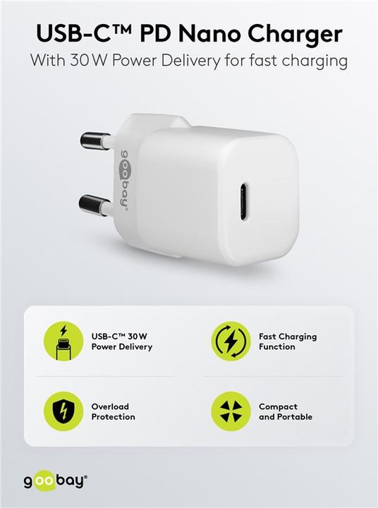 Actual product image Goobay USB C Nano Quick Charger with Lightning Cable (30 W)