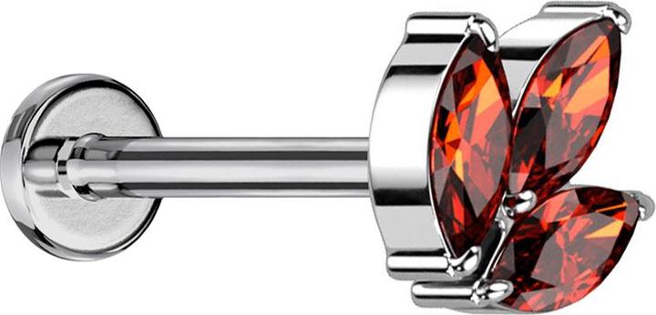 Image du produit Star Piercing Micro Threadless Labret argenté trois cristaux ovales rouges (sans laiton, Titane)