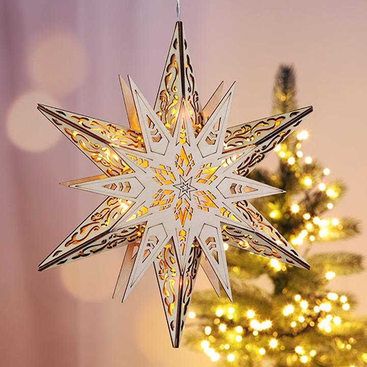Produktbild Inda-Exclusiv 6 LED Weihnachtsstern aus Holz Hängestern Holzstern warm-weissen