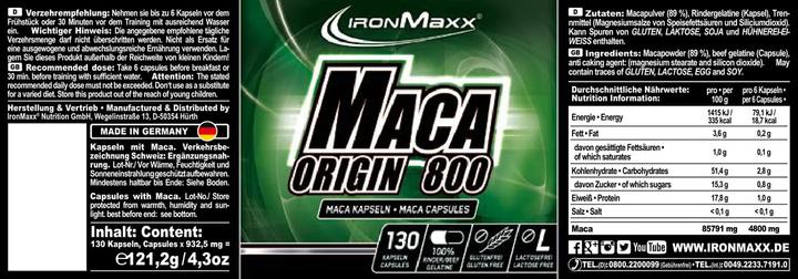 Nutritional values and ingredients IronMaxx Maca Origin (130 Piece, Capsules, 120 g)