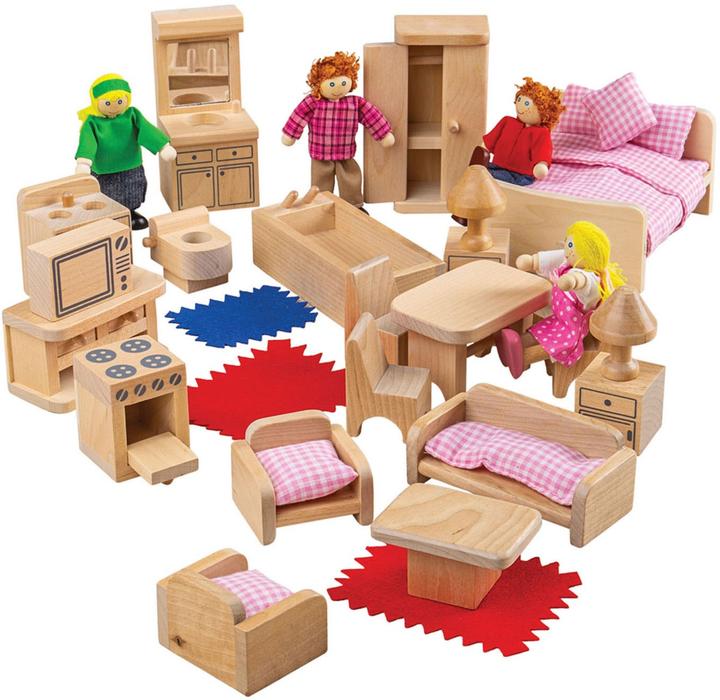 Bigjigs Famille de poupées en bois avec meubles, 26dlg.