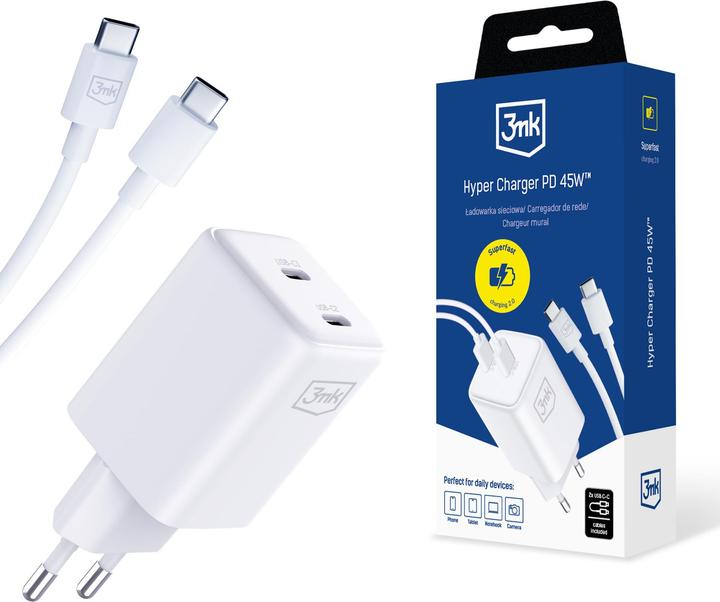 Productafbeelding 3MK Hyper Charger PD 45W ład. sieć. biała/wit + 2x USB-C Kabels (45 W)