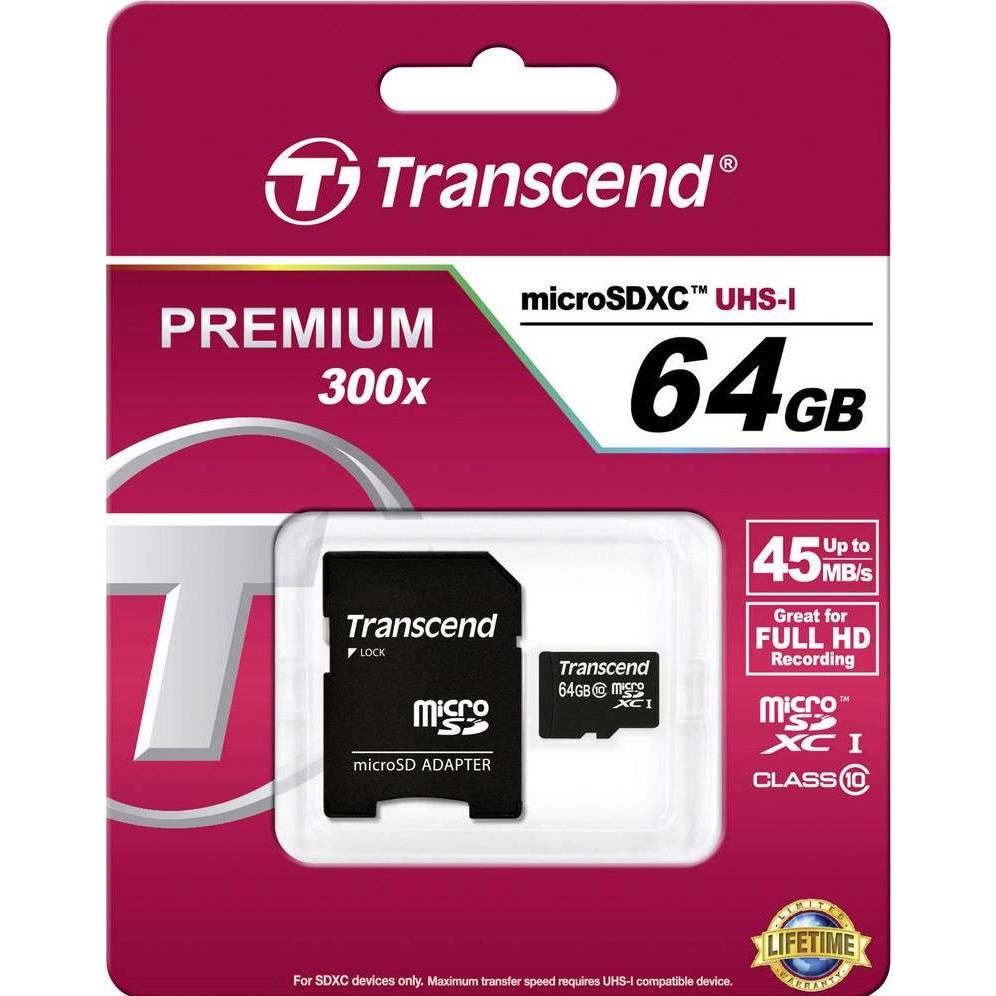Transcend Scheda Micro SDXC (64 GB, microSDXC, U1, UHS-I), Scheda di memoria, Nero