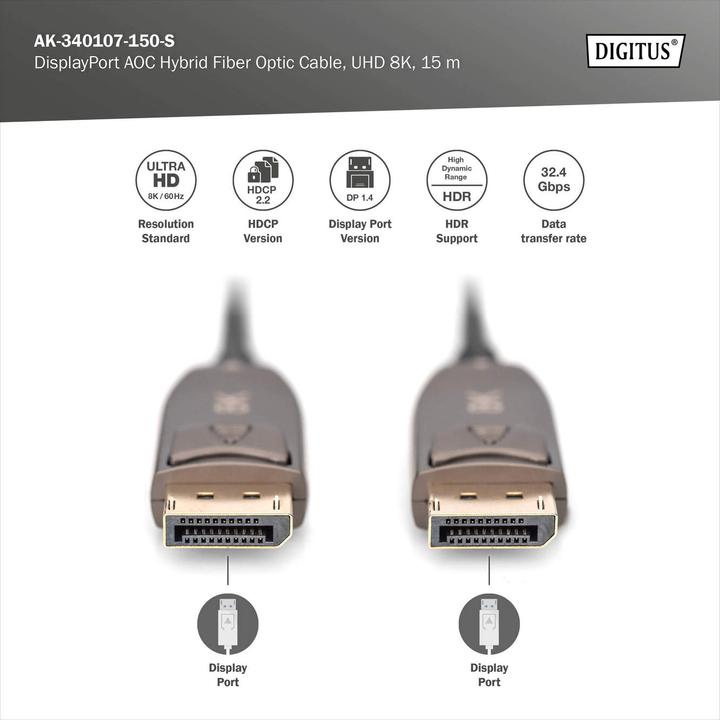 Actual product image Digitus DisplayPort™ AOC Hybrid Fiber Optic Cable, UHD 8K, 15 m (15 m, DisplayPort, 1.4)
