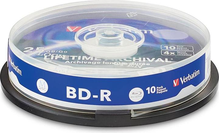 Productafbeelding Verbatim 1x10 M-Disc BD-R BluRay 25GB 4x Speed Cakebox bedrukbaar (10x)