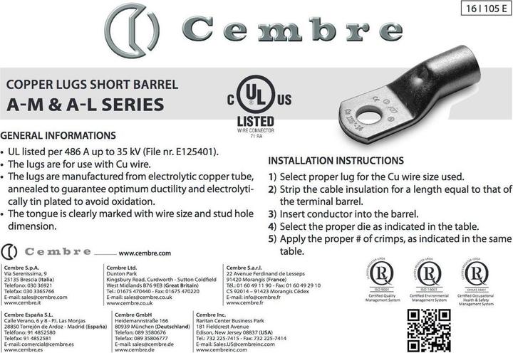 Produktbild Kalitec 10 Stück Cembre A3-M5 Rohrkabelschuh 16mm² M5 unisoliert aus Kupfer verzinnt